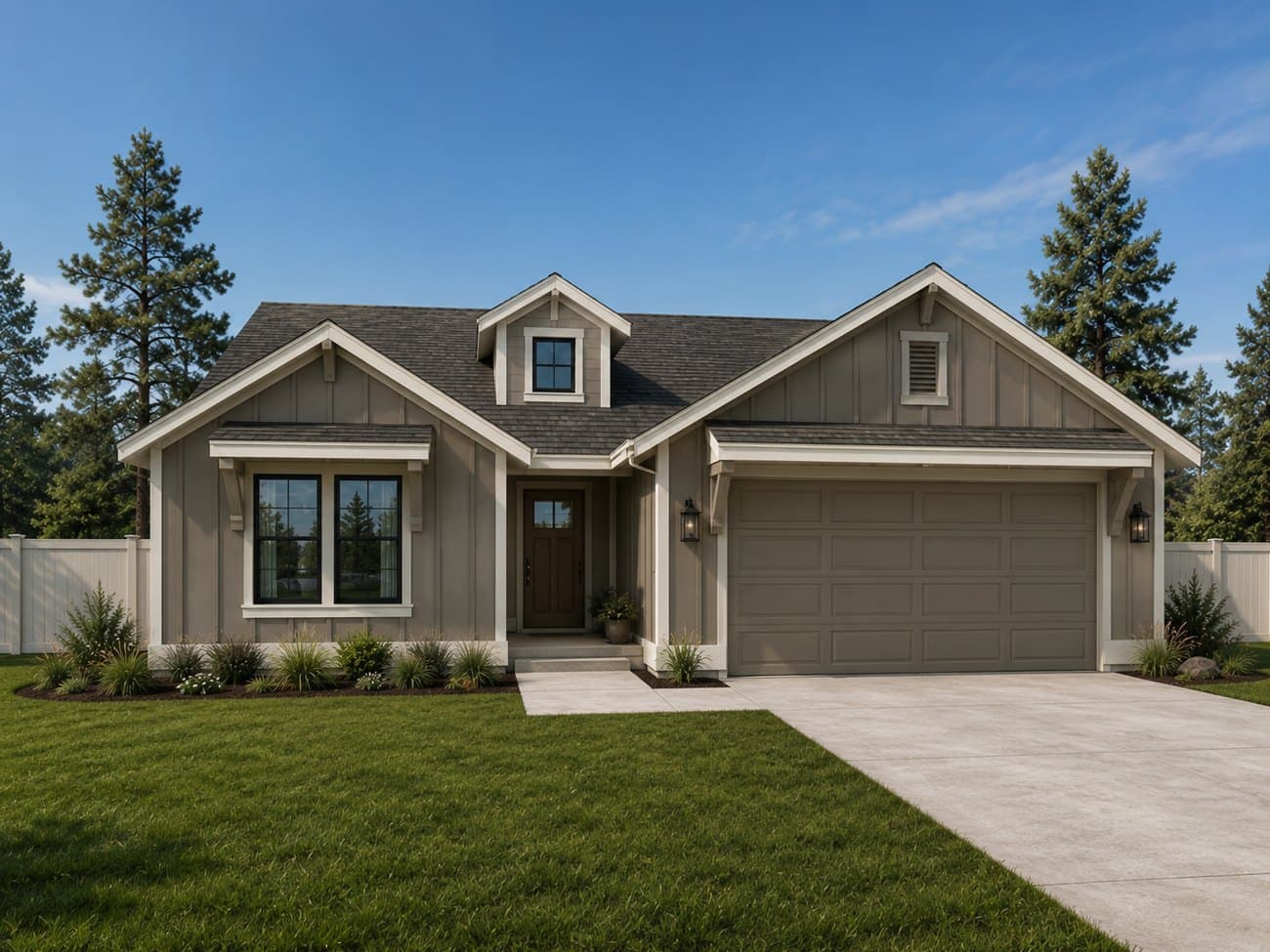 Rendering of the Boxwood, a single-story home with white board-and-batten siding, a gabled entry, and two-car garage