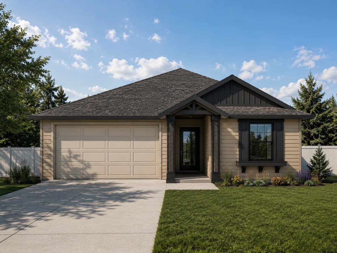 Rendering of the Piney, a single-story home with dark gray siding, a covered entry, and two-car garage