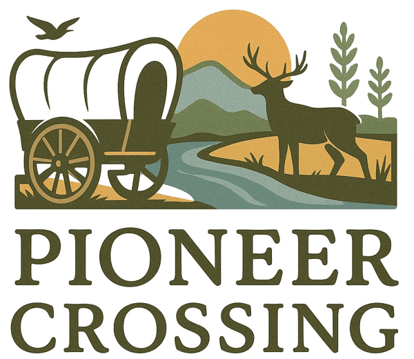 Pioneer Crossing logo: a covered wagon, an elk, and a river under the sun