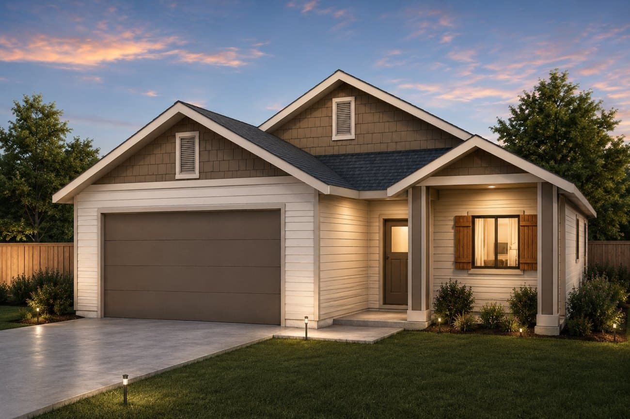 Rendering of the Sage at dusk, a single-story home with a gabled roof, warm lit windows, and wood shutters