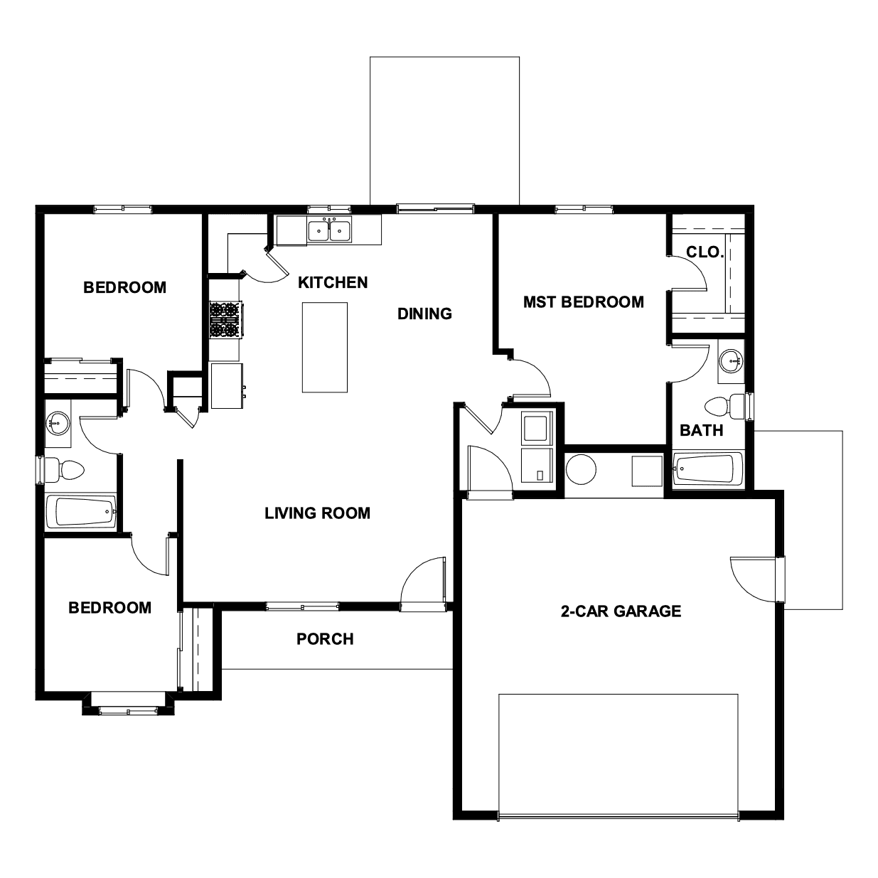 Cuddy floor plan drawing: 3 bedrooms, 2 baths, 2-car garage
