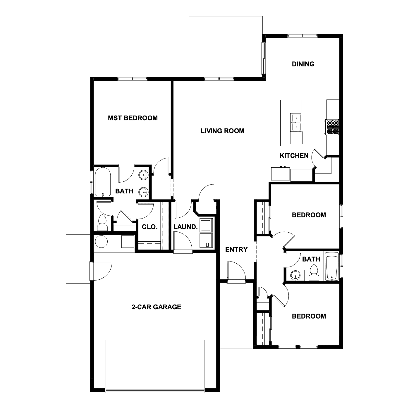 Keithly floor plan drawing: 3 bedrooms, 2 baths, 2-car garage