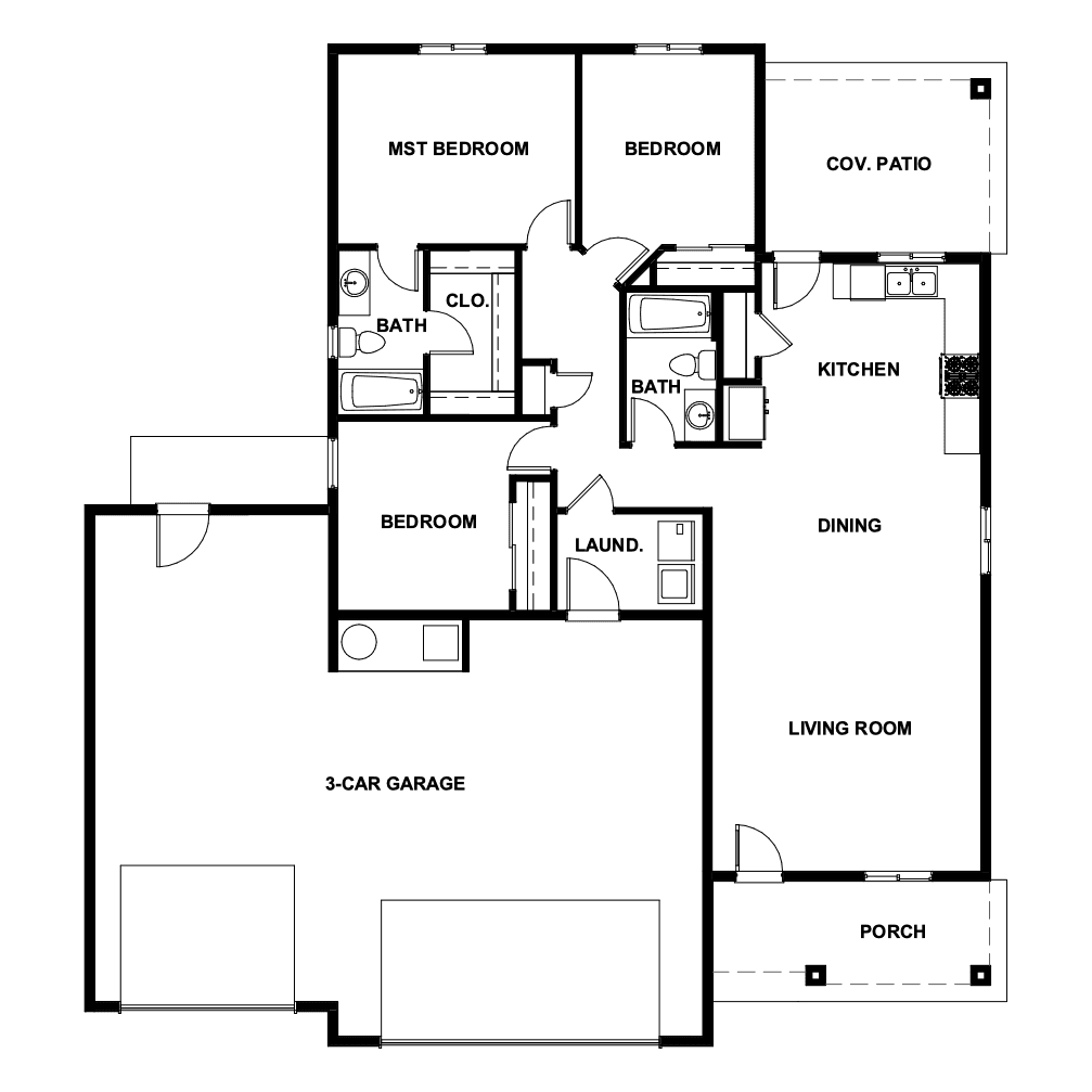 Sturgil floor plan drawing: 3 bedrooms, 2 baths, 3-car garage, covered patio