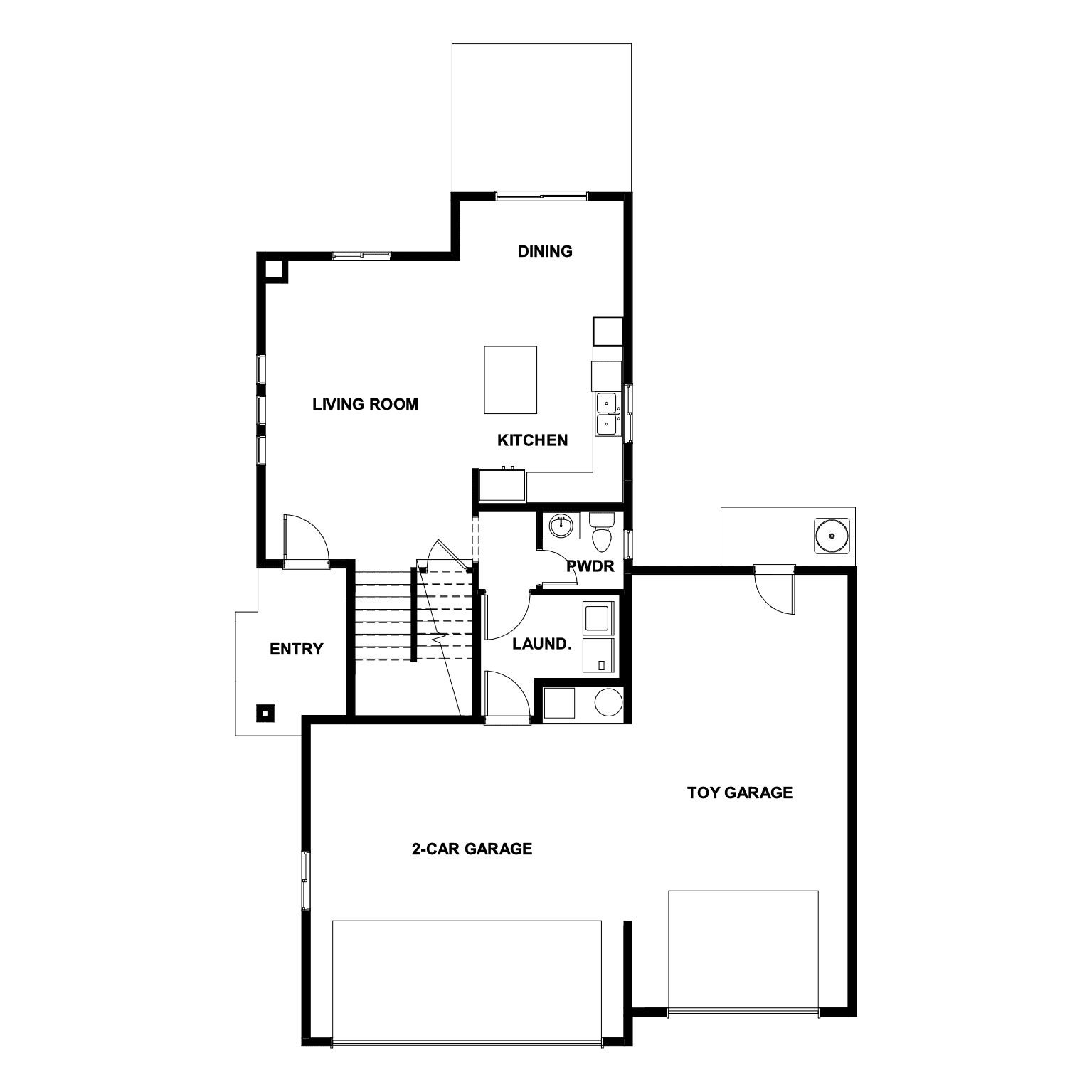 Man's Creek main-level floor plan drawing with 2-car garage and toy garage